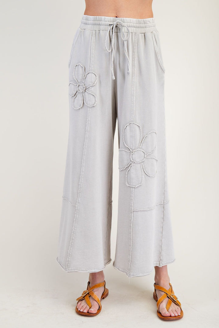 Easel Flower Patch Mineral Washed Wide Leg Terry Knit Pants