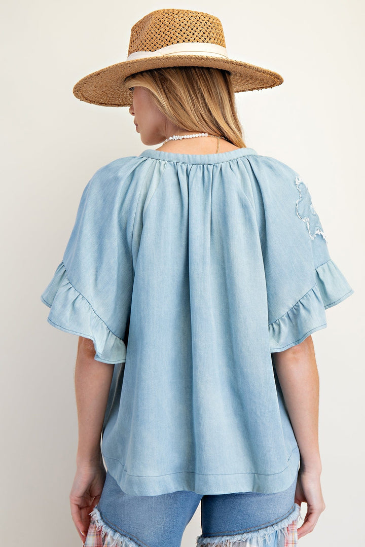 Easel Flower Patch Washed Chambray Woven Top