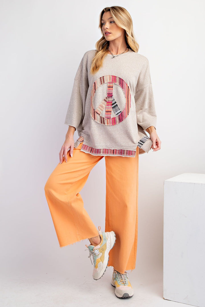 Easel Front Patchwork Peace Sign Wide Sleeve Knit Top