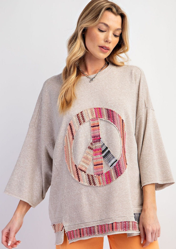 Easel Front Patchwork Peace Sign Wide Sleeve Knit Top