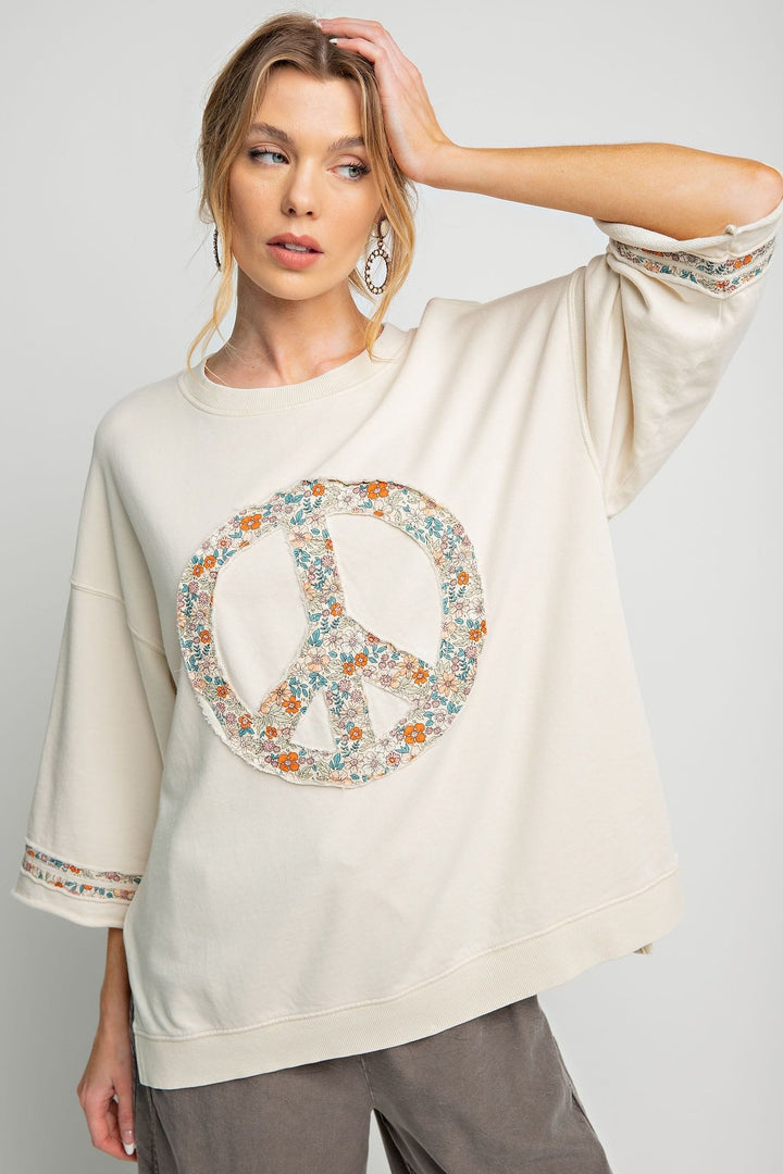 Easel Half Sleeve Peace Patch Front Mineral Wash Terry Knit Top