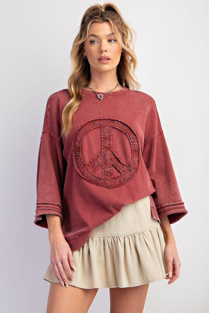 Easel Half Sleeve Peace Patch Front Mineral Wash Terry Knit Top