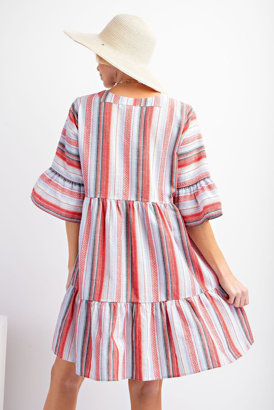 Easel Half Sleeve Striped Embroidery Detailed Ruffle Bottom Dress