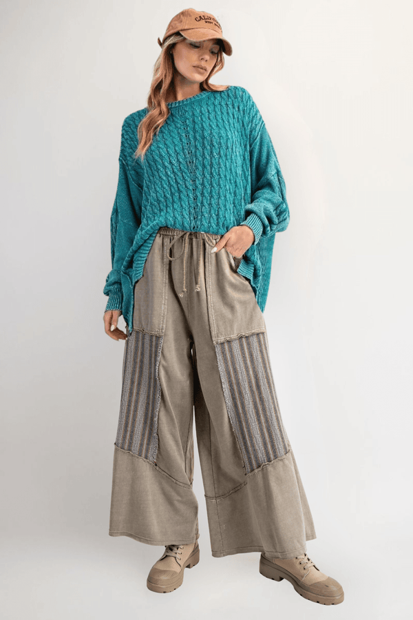 Easel Jaquard Contrast Mineral Washed Terry Knit Palazzo Pants