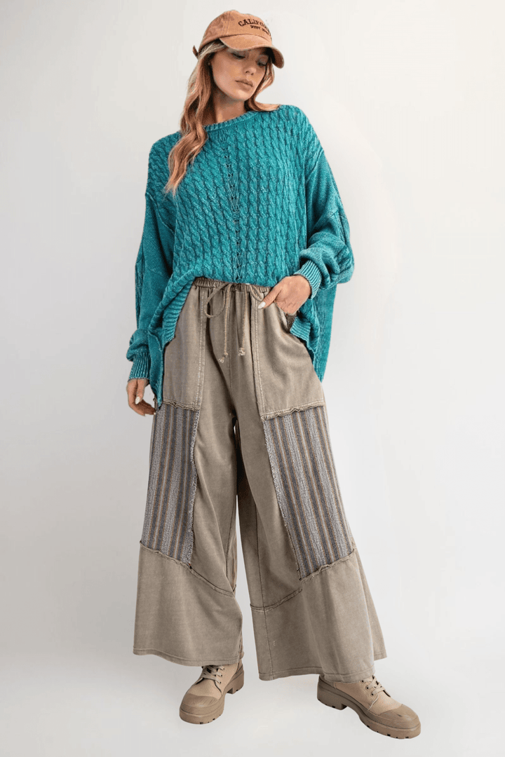 Easel Jaquard Contrast Mineral Washed Terry Knit Palazzo Pants