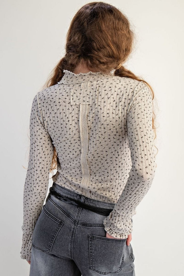 Easel Lattice Trim Floral Printed Rib Thermal Top