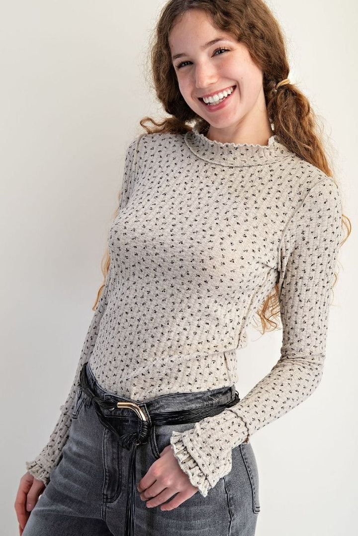 Easel Lattice Trim Floral Printed Rib Thermal Top