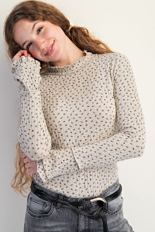 Easel Lattice Trim Floral Printed Rib Thermal Top