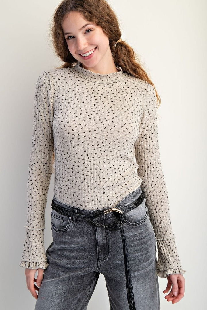Easel Lattice Trim Floral Printed Rib Thermal Top
