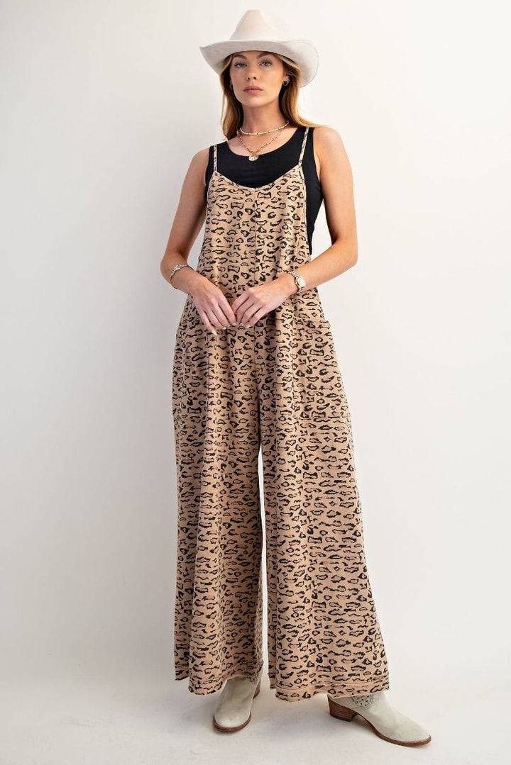 Easel Leopard Print Wide Leg Terry Jumpsuit