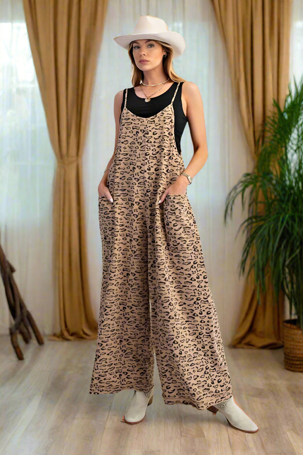 Easel Leopard Print Wide Leg Terry Jumpsuit