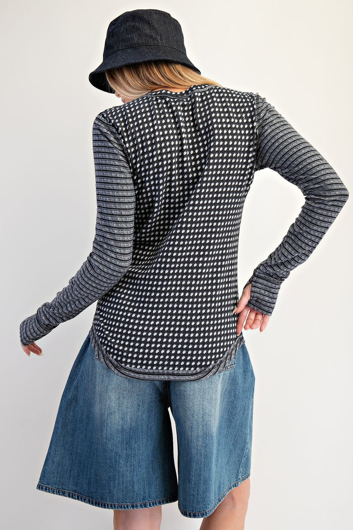 Easel Light Sleeve Mixed Thermal Button Placket Henley Top