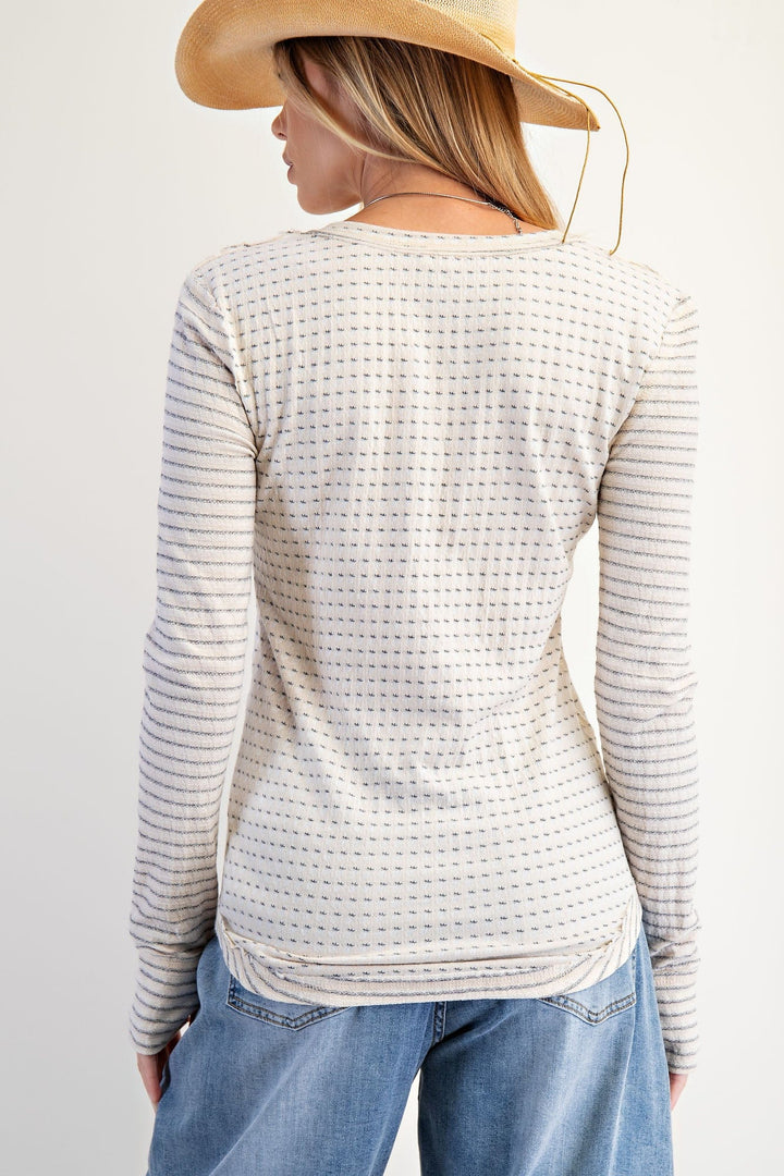 Easel Light Sleeve Mixed Thermal Button Placket Henley Top