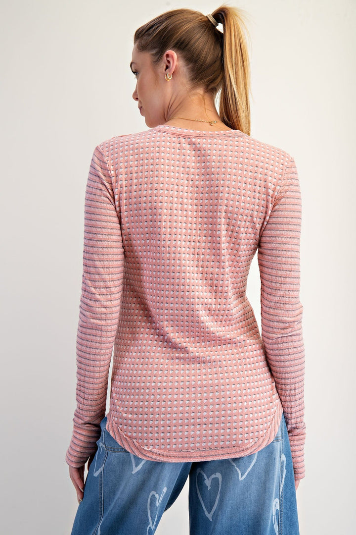 Easel Light Sleeve Mixed Thermal Button Placket Henley Top