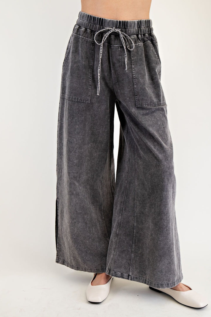 Easel Linen Mix Mineral Washed Drawstring Pants with Large Square Front and Back Pockets