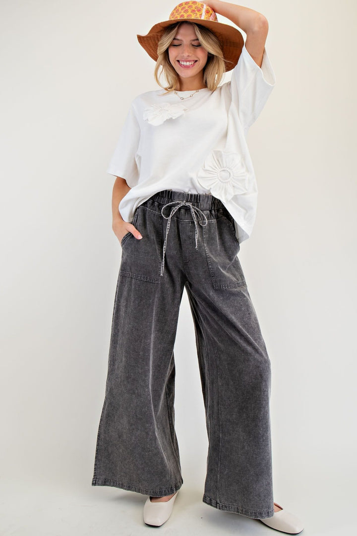 Easel Linen Mix Mineral Washed Drawstring Pants with Large Square Front and Back Pockets