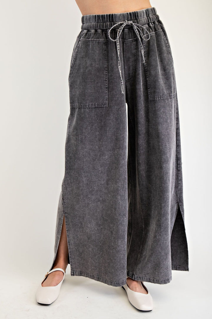 Easel Linen Mix Mineral Washed Drawstring Pants with Large Square Front and Back Pockets