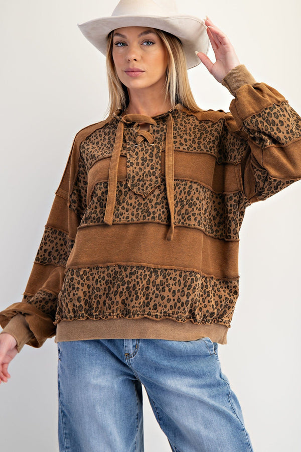 Easel Long Sleeve Animal Print Mix Mineral Washed Terry Knit Pullover
