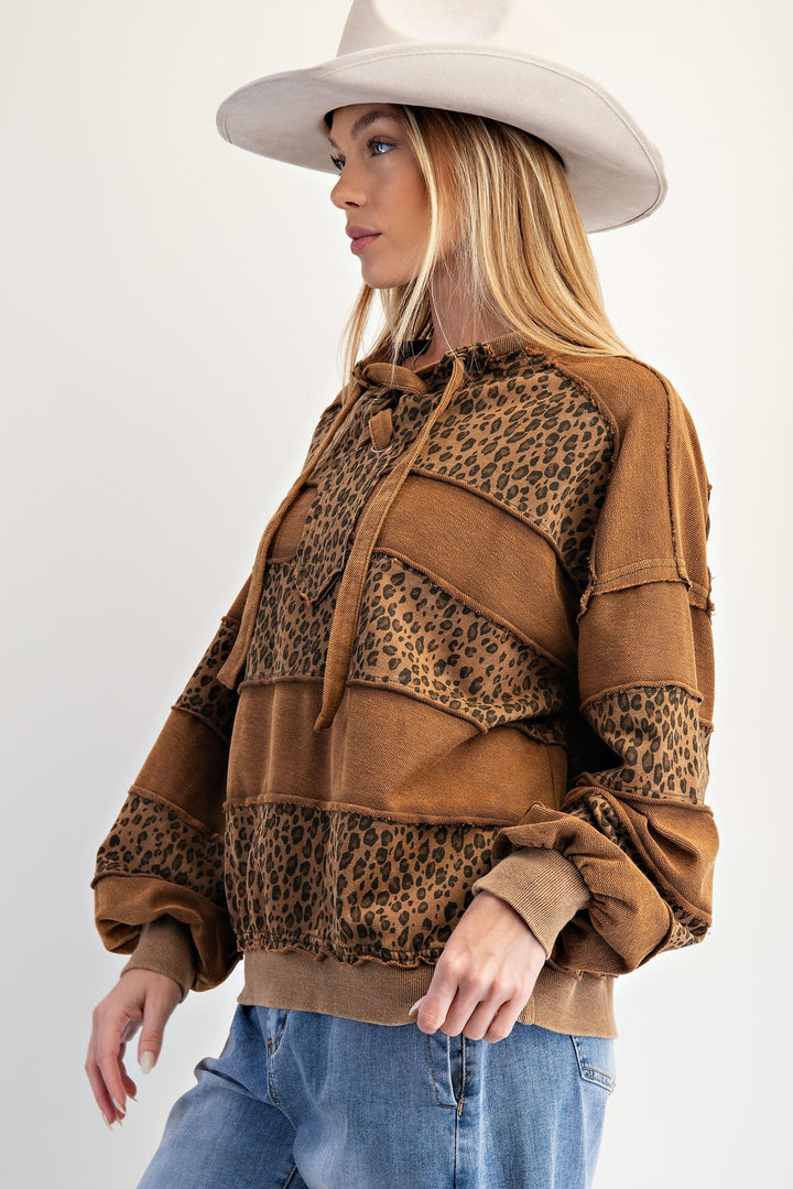 Easel Long Sleeve Animal Print Mix Mineral Washed Terry Knit Pullover