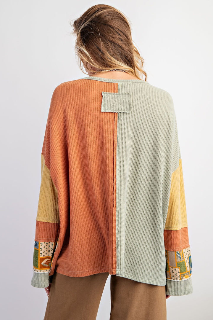 Easel Long Sleeve Color Block Thermal Daisy Detailing Loose Fit Top