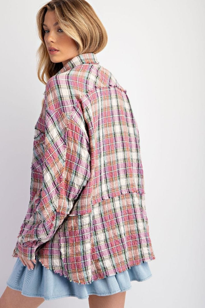 Easel Long Sleeve Crinkled Plaid Button Down Top