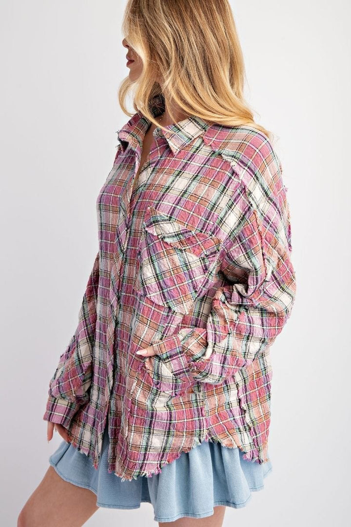 Easel Long Sleeve Crinkled Plaid Button Down Top