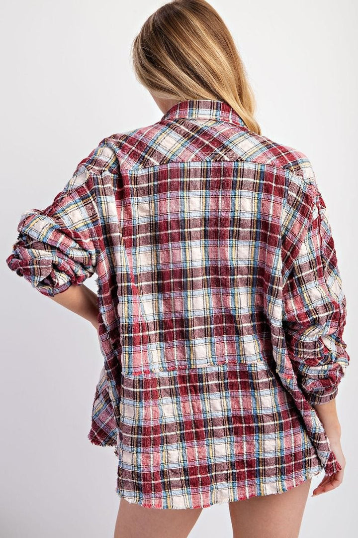 Easel Long Sleeve Crinkled Plaid Button Down Top