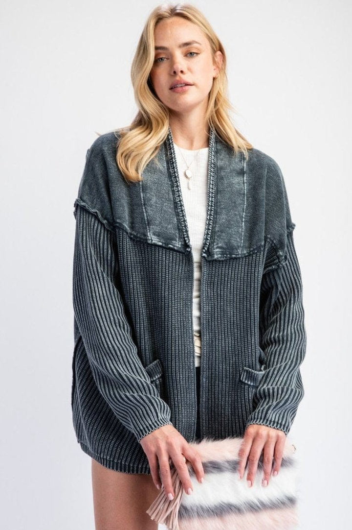 Easel Long Sleeve French Terry Knit Mix Cardigan