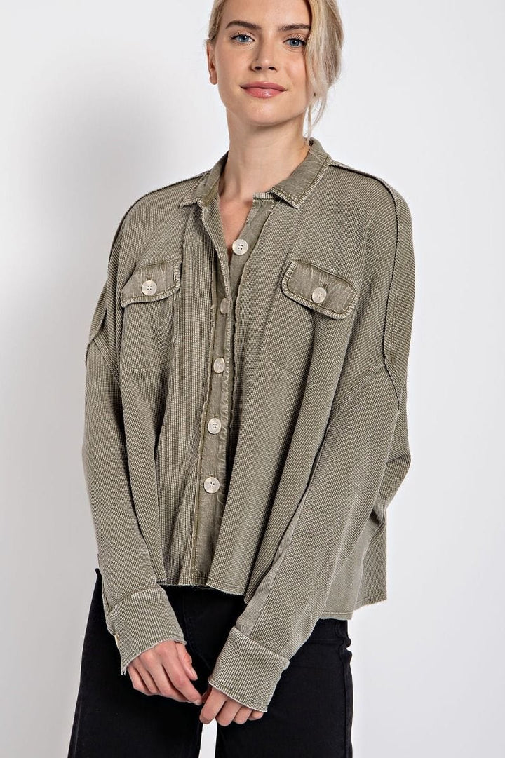 Easel Long Sleeve Mineral Washed Thermal Button Down Shirt