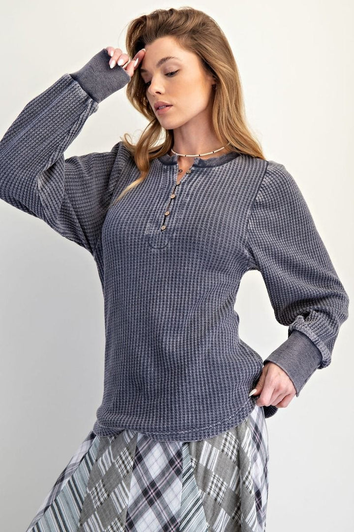 Easel Long Sleeve Ribbed Mineral Washed Henley Top with Button Cuff Sleeves