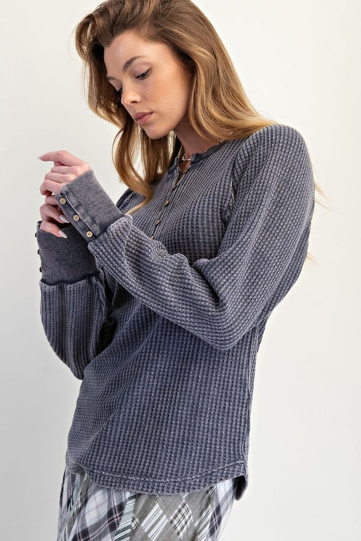 Easel Long Sleeve Ribbed Mineral Washed Henley Top with Button Cuff Sleeves