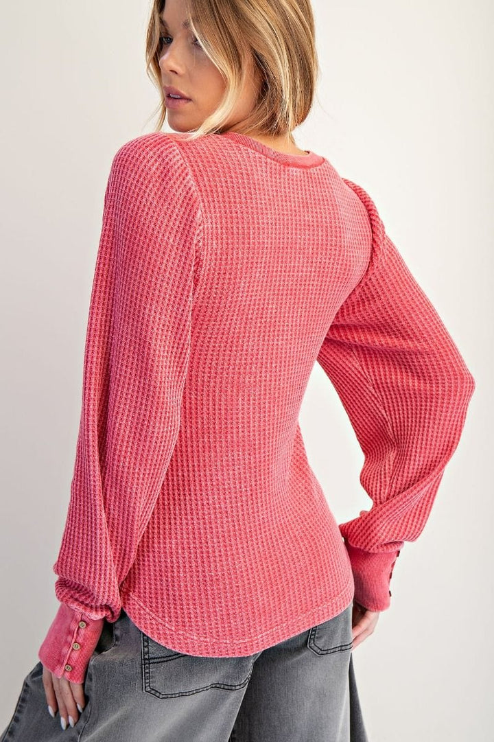 Easel Long Sleeve Ribbed Mineral Washed Henley Top with Button Cuff Sleeves