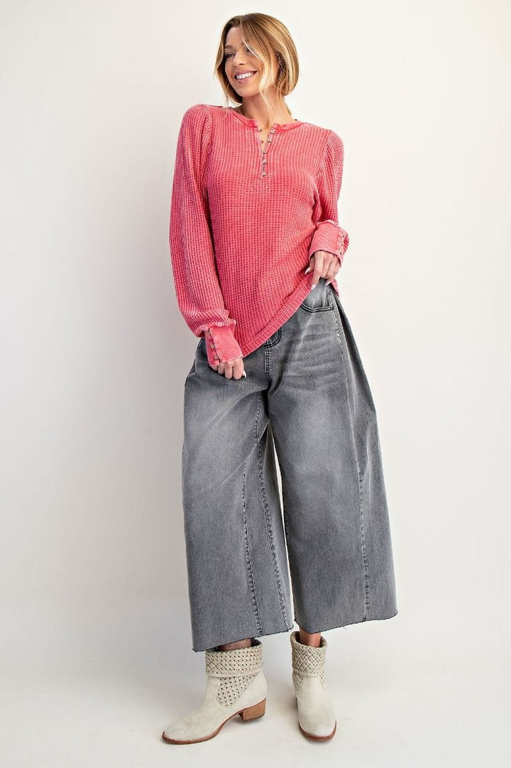 Easel Long Sleeve Ribbed Mineral Washed Henley Top with Button Cuff Sleeves