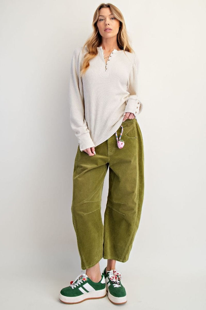 Easel Long Sleeve Ribbed Mineral Washed Henley Top with Button Cuff Sleeves
