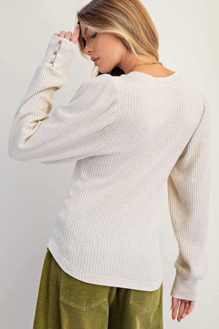 Easel Long Sleeve Ribbed Mineral Washed Henley Top with Button Cuff Sleeves