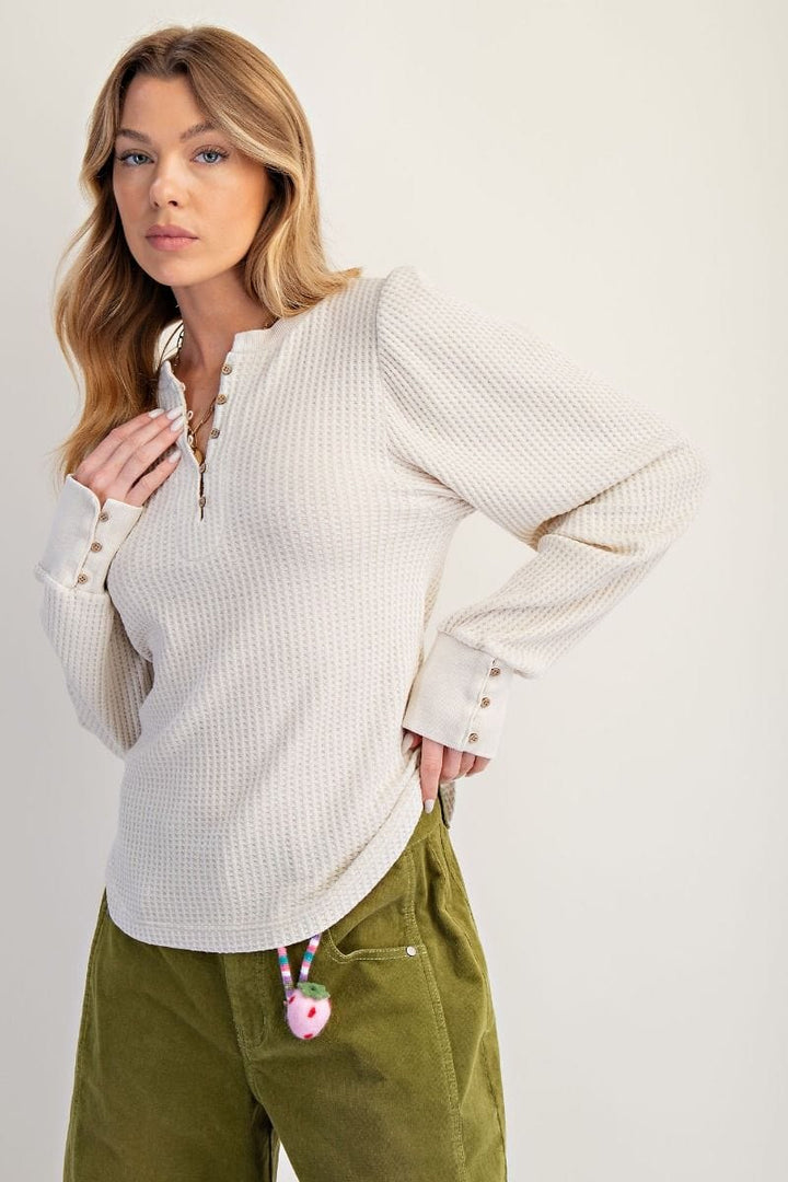Easel Long Sleeve Ribbed Mineral Washed Henley Top with Button Cuff Sleeves
