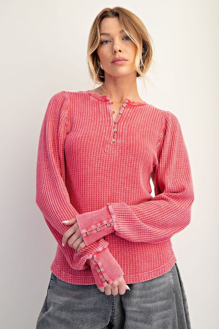 Easel Long Sleeve Ribbed Mineral Washed Henley Top with Button Cuff Sleeves