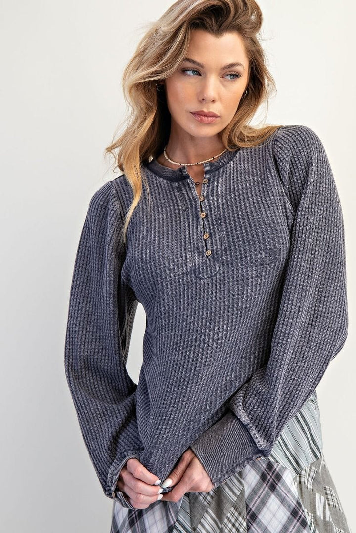 Easel Long Sleeve Ribbed Mineral Washed Henley Top with Button Cuff Sleeves