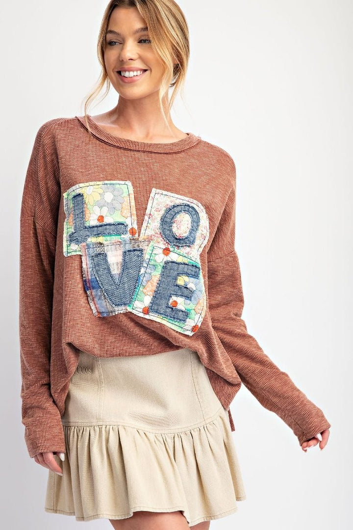 Easel Love Letter Patches Washed Rib Knit Long Sleeve Top