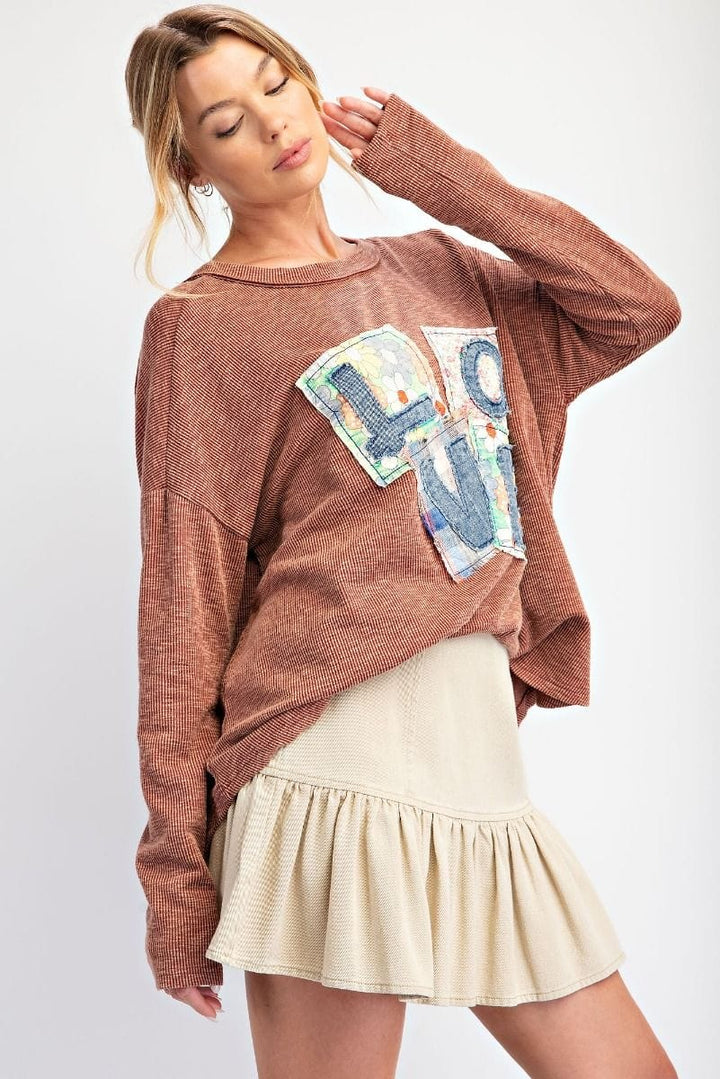 Easel Love Letter Patches Washed Rib Knit Long Sleeve Top