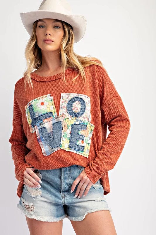 Easel Love Letter Patches Washed Rib Knit Long Sleeve Top