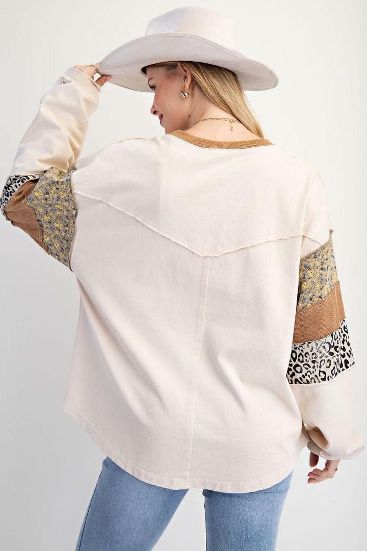 Easel Love Mixed Fabric Patchwork Front Raw Edge Detail Pullover