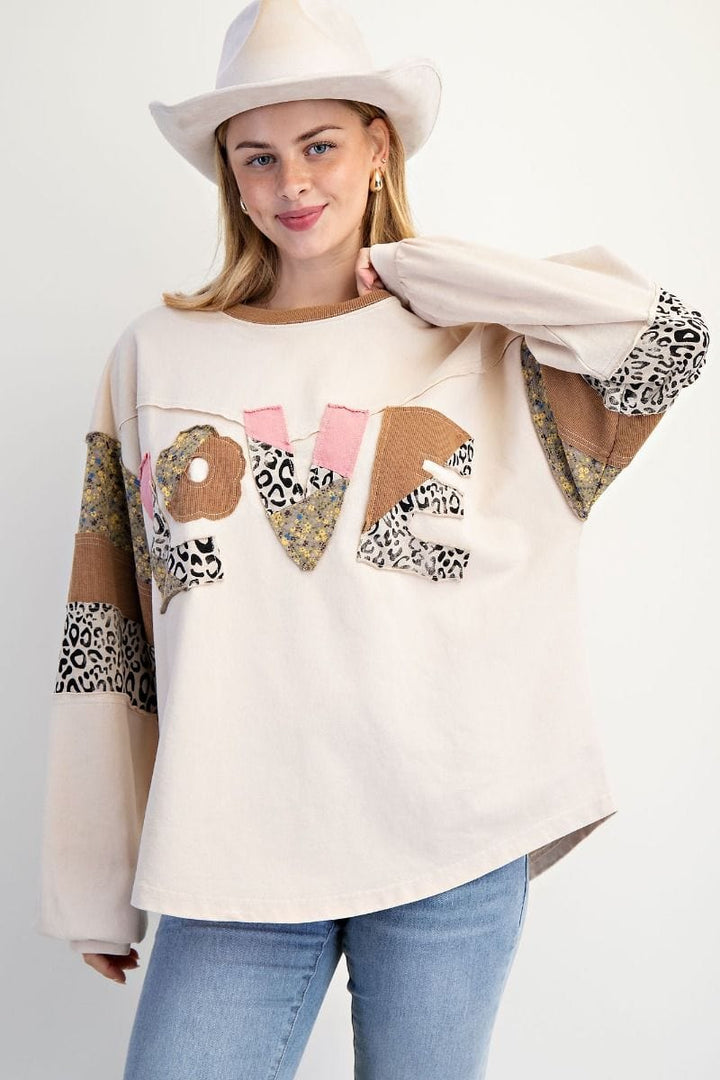 Easel Love Mixed Fabric Patchwork Front Raw Edge Detail Pullover
