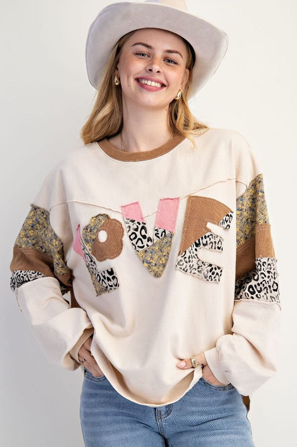 Easel Love Mixed Fabric Patchwork Front Raw Edge Detail Pullover