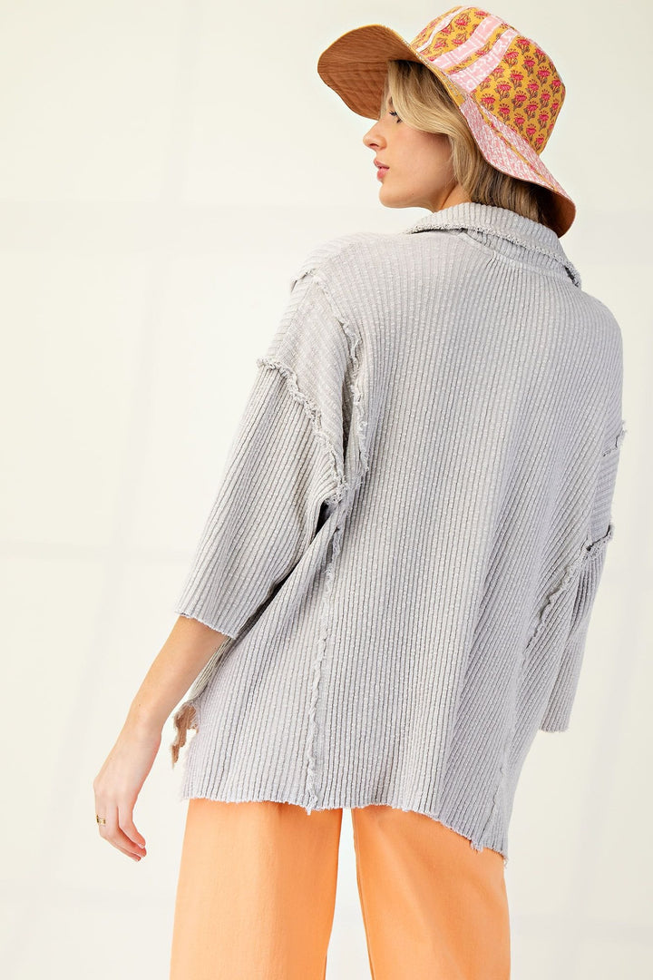 Easel Mineral Washed 3/4 Wide Sleeve Rib Knit Pullover