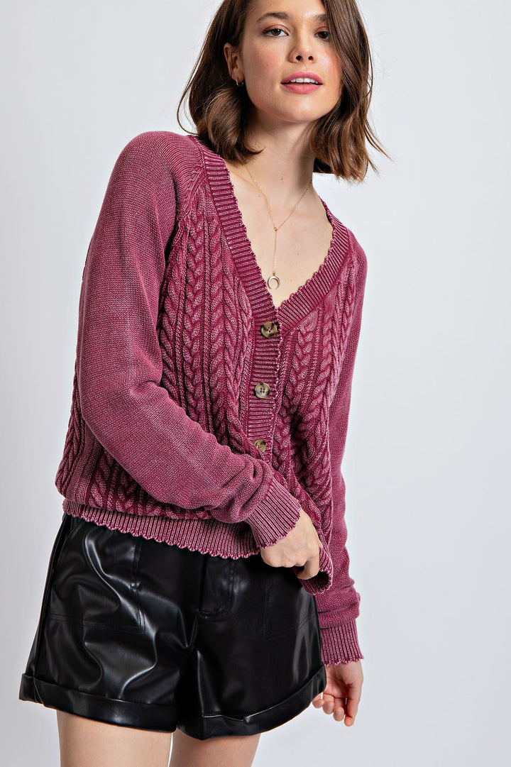 Easel Mineral Washed Cable Knit Cardigan