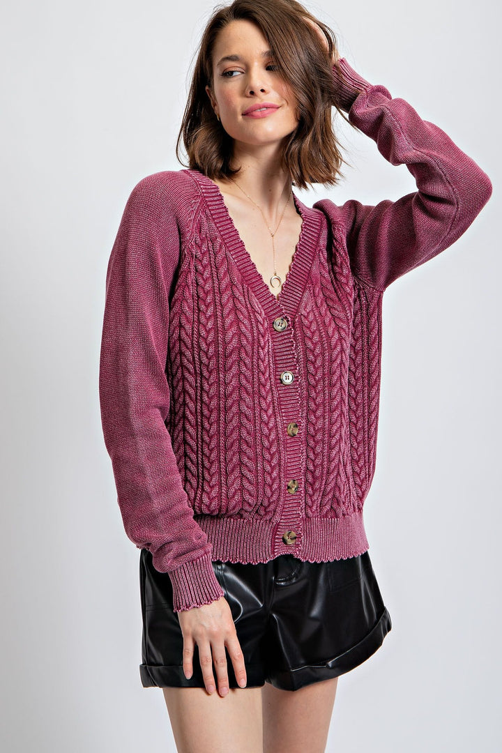 Easel Mineral Washed Cable Knit Cardigan