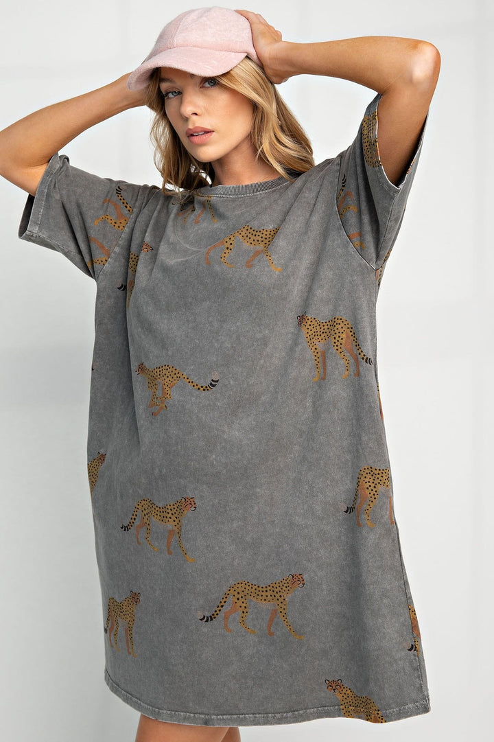 Easel Mineral Washed Cheetah Print Shirt Dress