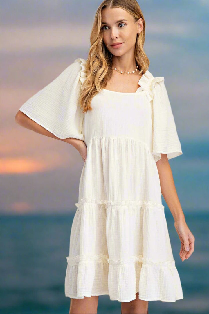 Easel Mineral Washed Cotton Gauze Ruffled Shoulder Dress