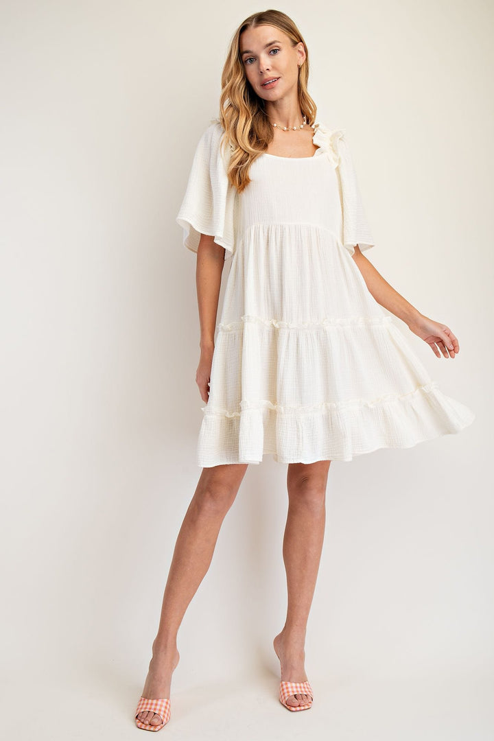 Easel Mineral Washed Cotton Gauze Ruffled Shoulder Dress